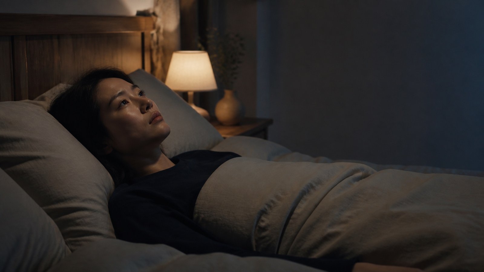 深夜里,一位女性安静地躺在床上望着天花板